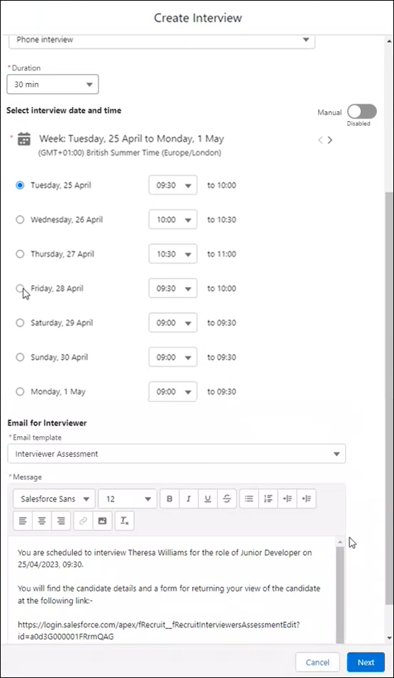 Screenshot of create interview dialog showing duration and timeslot selectors, and message to interviewers